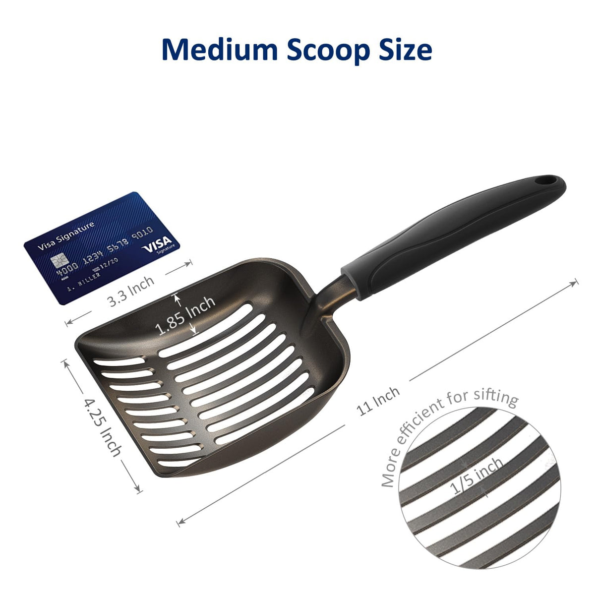WePet Cat Litter Scoop, Non-Stick Plated Aluminum Alloy Sifter, Kitty Durable Metal Scooper, Deep Shovel, Long Handle, Kitten Pooper Lifter, Size Medium, Coated Black Body with Black Handle