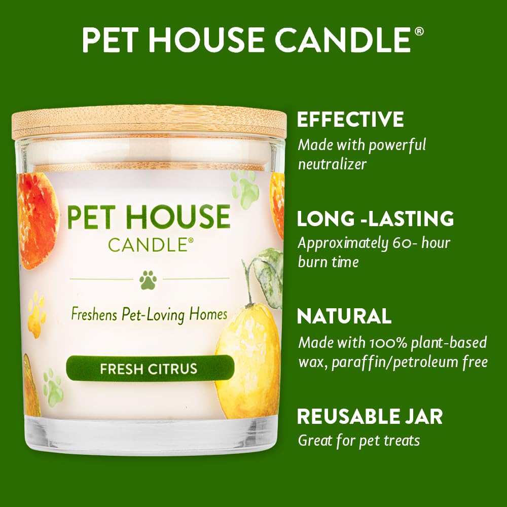 One Fur All Pet House Candle - Fresh Citrus - 100% Plant-Based Wax Candle - Pet Odor Eliminator for Home - Non-Toxic & Eco-Friendly Air Freshening Scented Candles